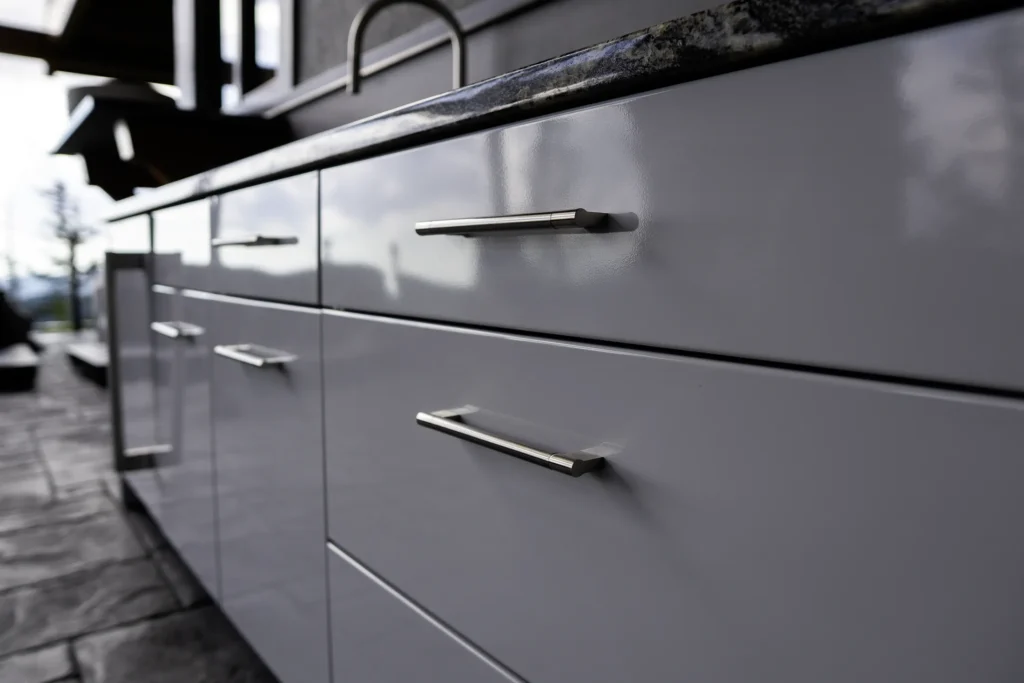 Close up of outdoor kitchen made by silver fern stainless in Victoria with depth blur